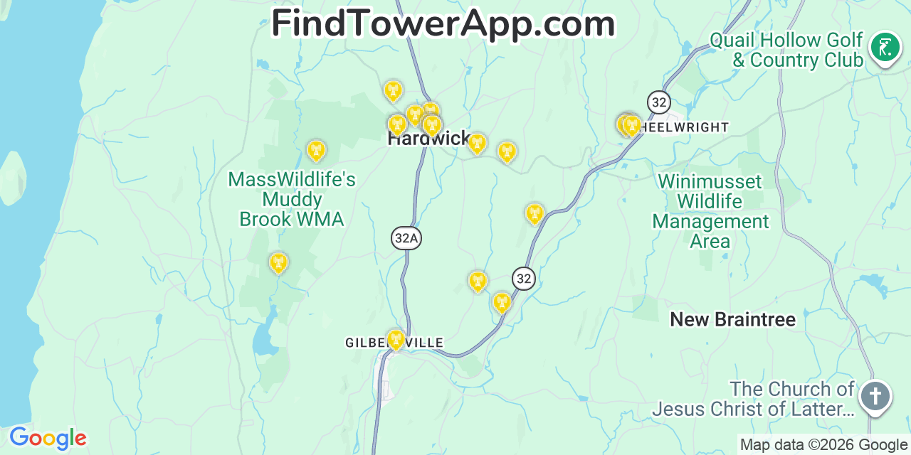 Map showing the 20 primary cell tower locations detected in Hardwick, Massachusetts from AT&T, Verizon, and T-Mobile networks