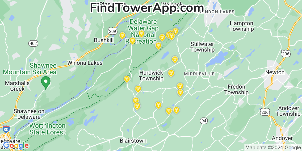 AT&T 4G/5G cell tower coverage map Hardwick, New Jersey