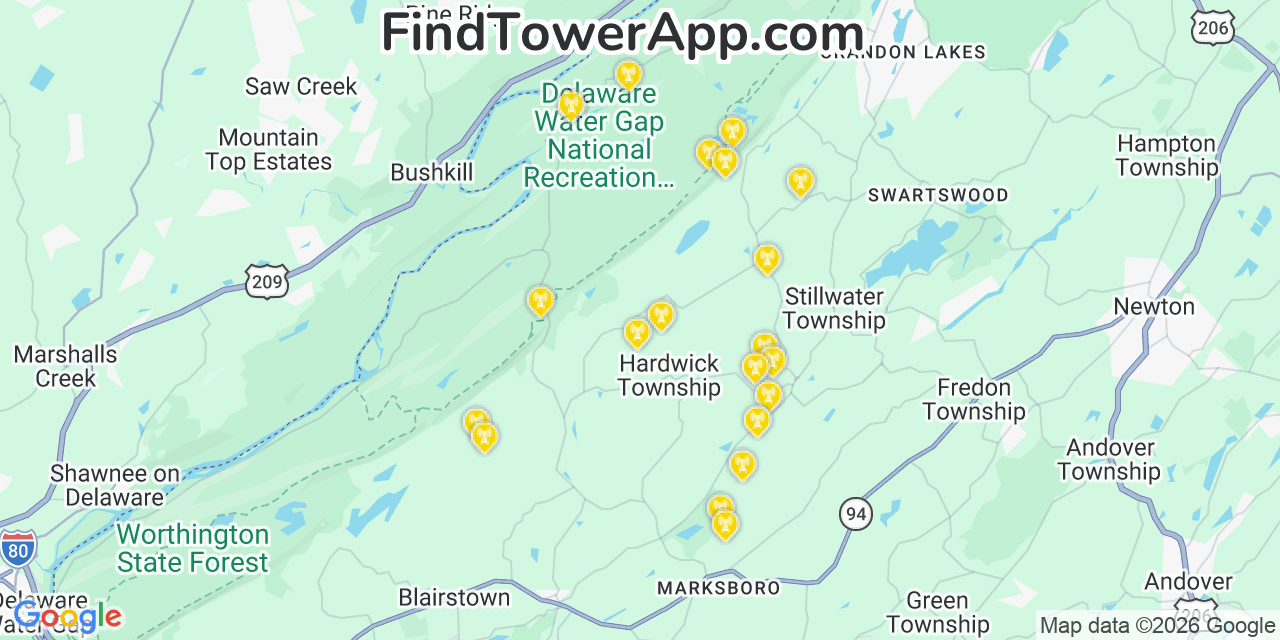 Map showing the 20 primary cell tower locations detected in Hardwick, New Jersey from AT&T, Verizon, and T-Mobile networks
