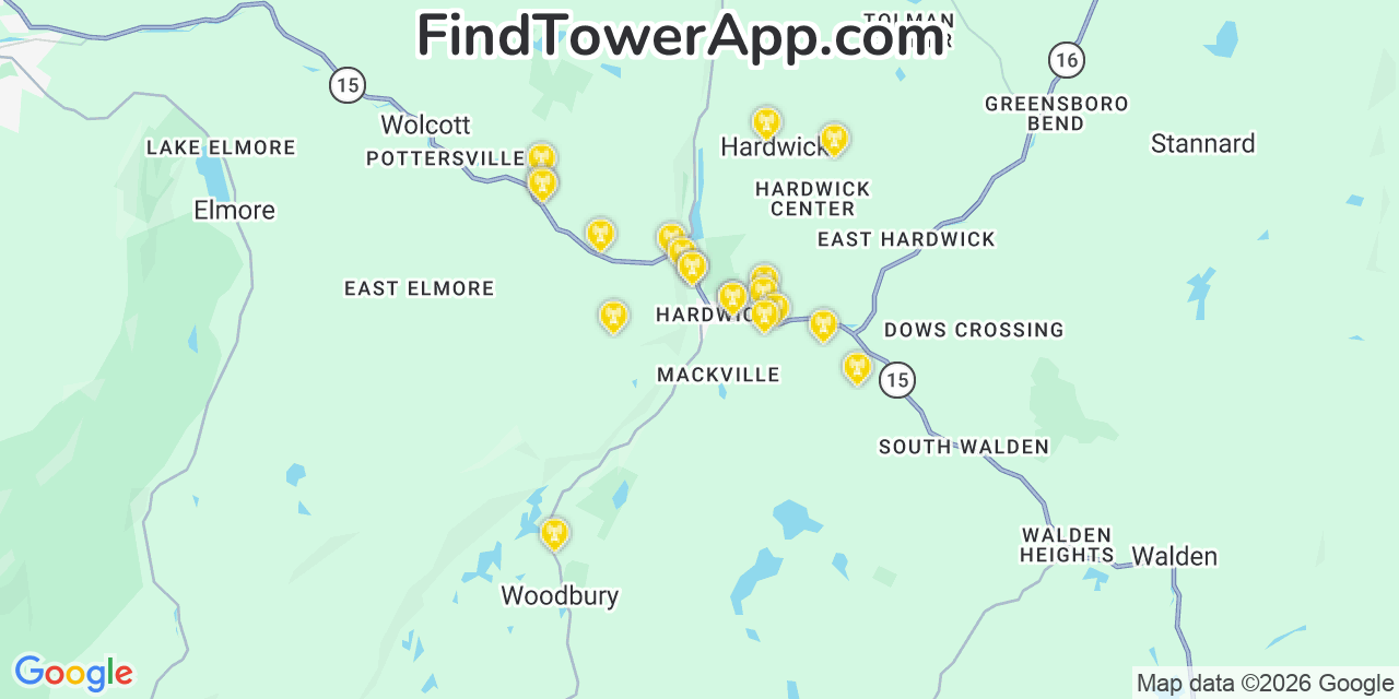 Map showing the 20 primary cell tower locations detected in Hardwick, Vermont from AT&T, Verizon, and T-Mobile networks