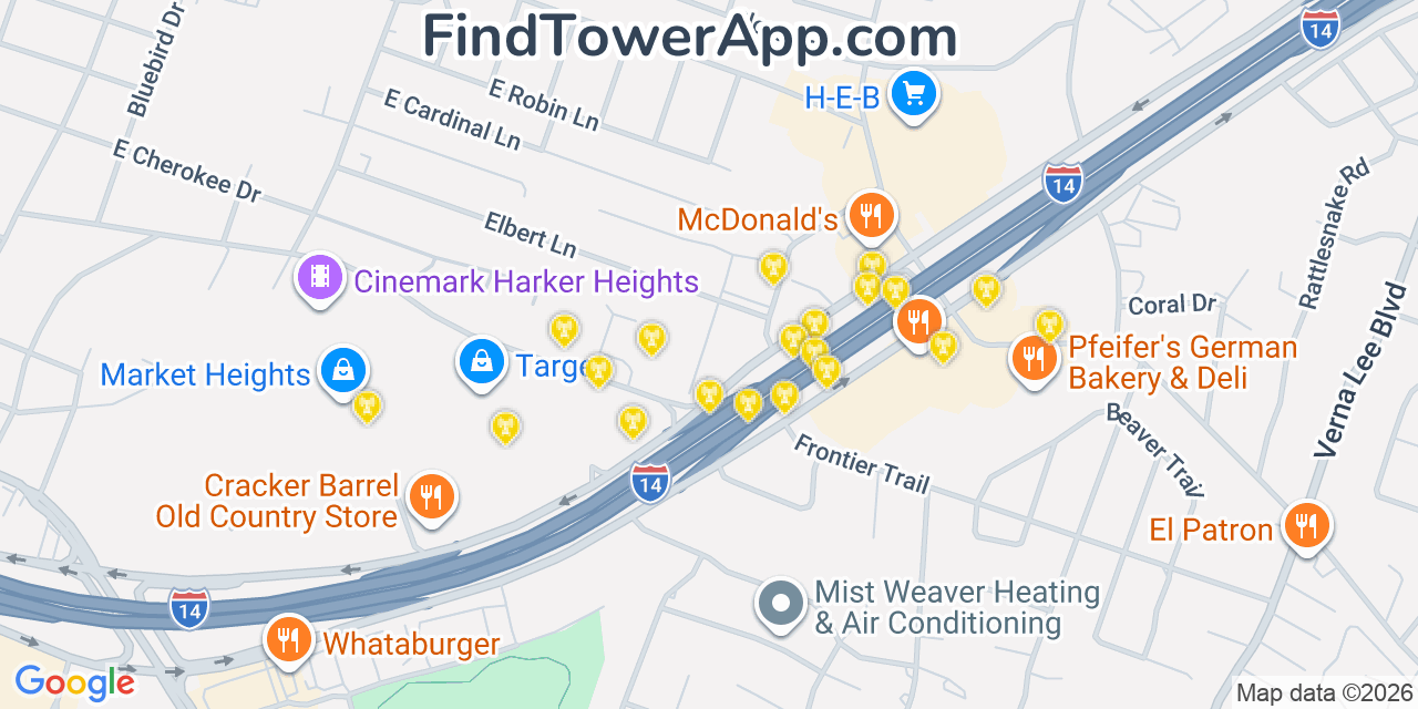 Map showing the 20 primary cell tower locations detected in Harker Heights, Texas from AT&T, Verizon, and T-Mobile networks