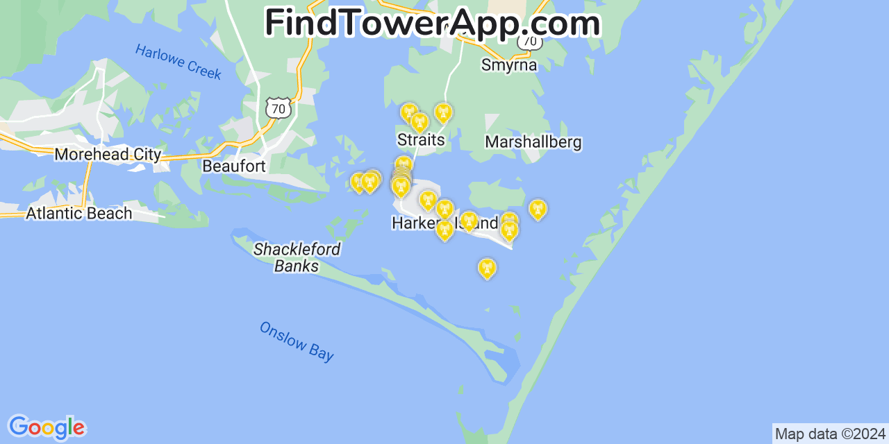 AT&T 4G/5G cell tower coverage map Harkers Island, North Carolina