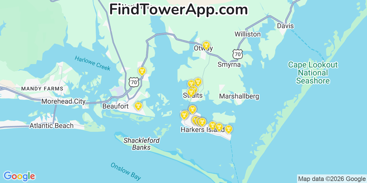 Map showing the 20 primary cell tower locations detected in Harkers Island, North Carolina from AT&T, Verizon, and T-Mobile networks