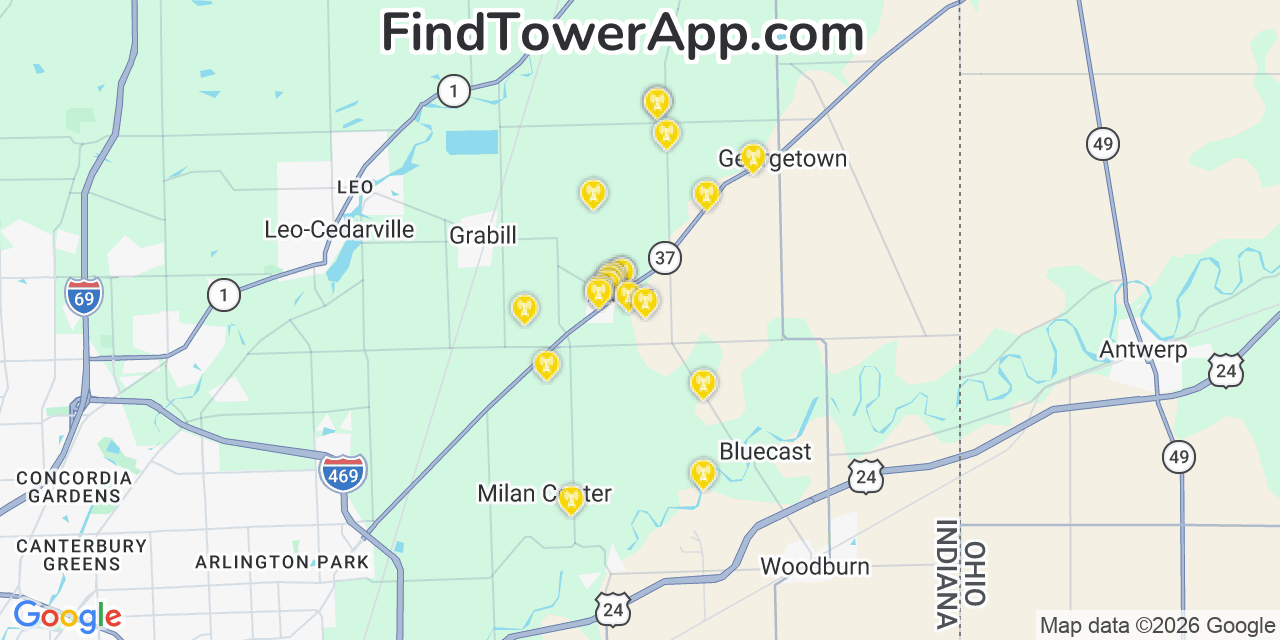 Map showing the 20 primary cell tower locations detected in Harlan, Indiana from AT&T, Verizon, and T-Mobile networks