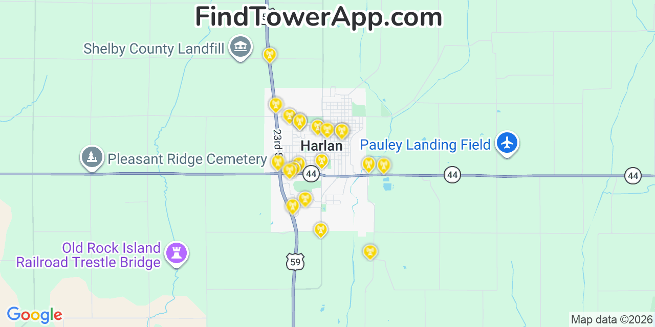 Map showing the 20 primary cell tower locations detected in Harlan, Iowa from AT&T, Verizon, and T-Mobile networks