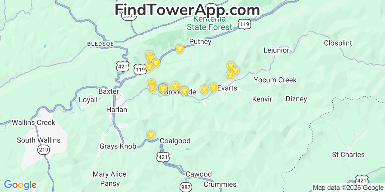 Map showing the 20 primary cell tower locations detected in Harlan, Kentucky from AT&T, Verizon, and T-Mobile networks