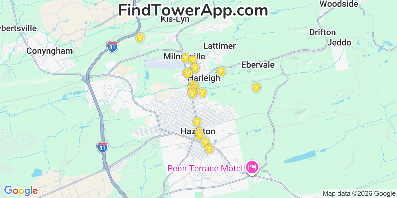 Map showing the 20 primary cell tower locations detected in Harleigh, Pennsylvania from AT&T, Verizon, and T-Mobile networks