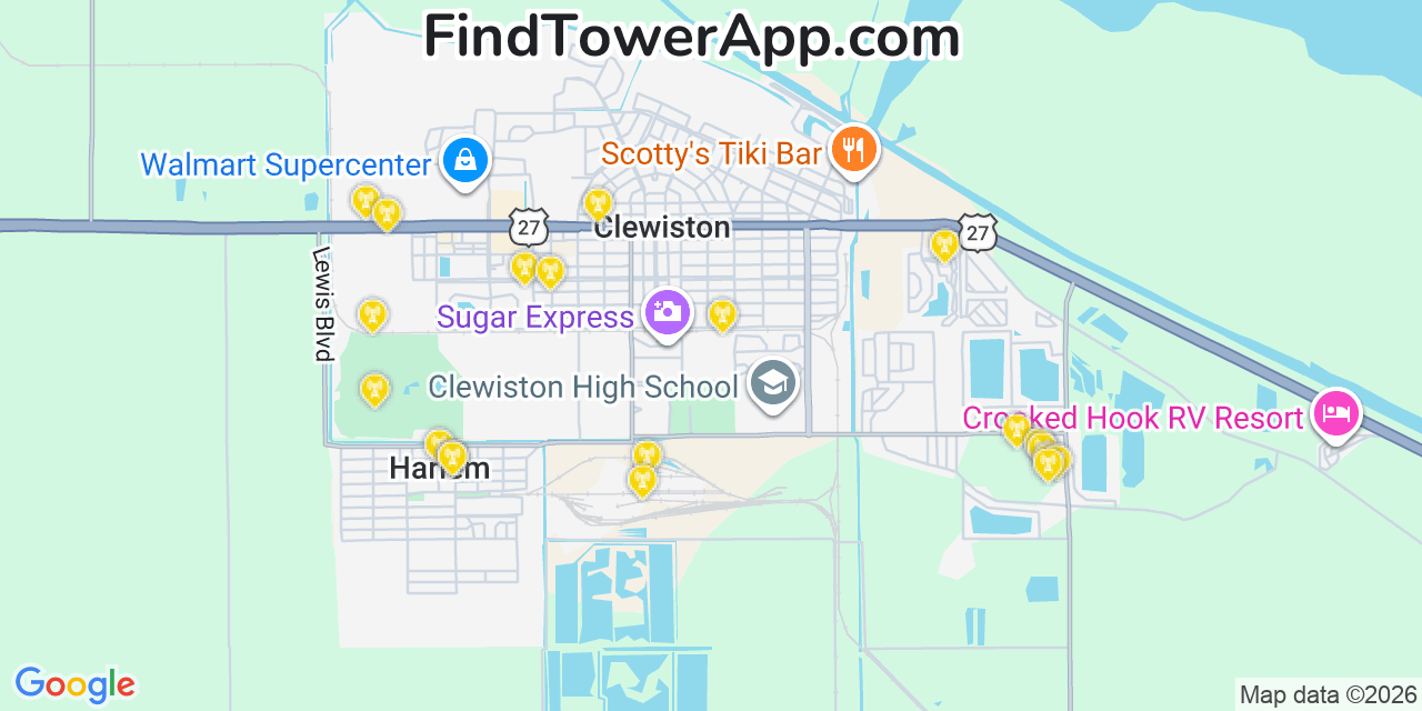 Map showing the 20 primary cell tower locations detected in Harlem, Florida from AT&T, Verizon, and T-Mobile networks