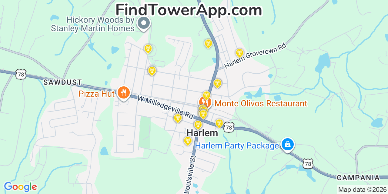 Map showing the 20 primary cell tower locations detected in Harlem, Georgia from AT&T, Verizon, and T-Mobile networks