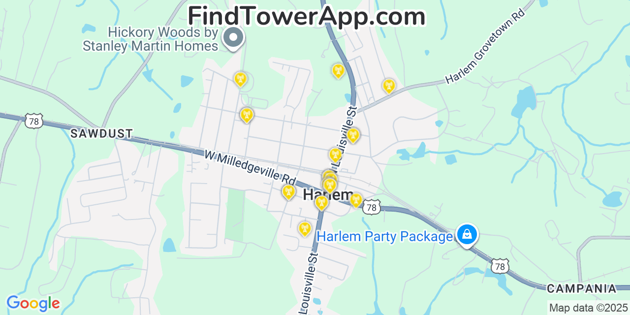 Map showing the 20 primary Mobitel cell tower locations detected in Harlem, Georgia with coverage radius and signal strength indicators