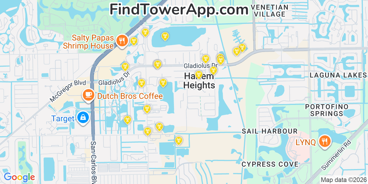 Map showing the 20 primary cell tower locations detected in Harlem Heights, Florida from AT&T, Verizon, and T-Mobile networks