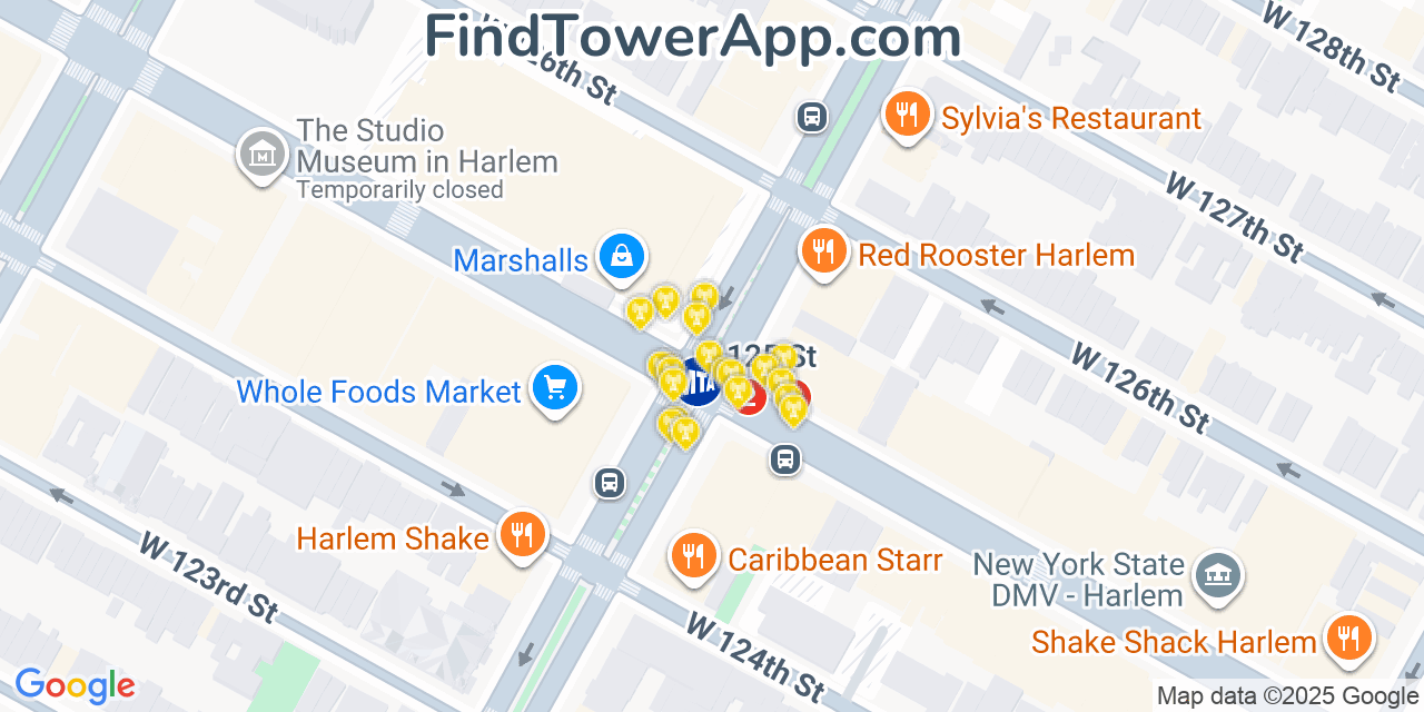 Map showing the 20 primary cell tower locations detected in Harlem, New York from AT&T, Verizon, and T-Mobile networks