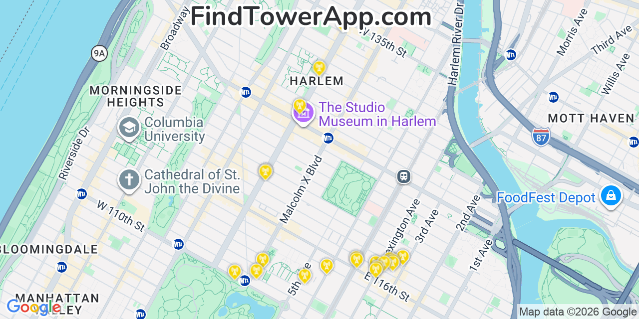Map showing the 20 primary cell tower locations detected in Harlem, New York from AT&T, Verizon, and T-Mobile networks