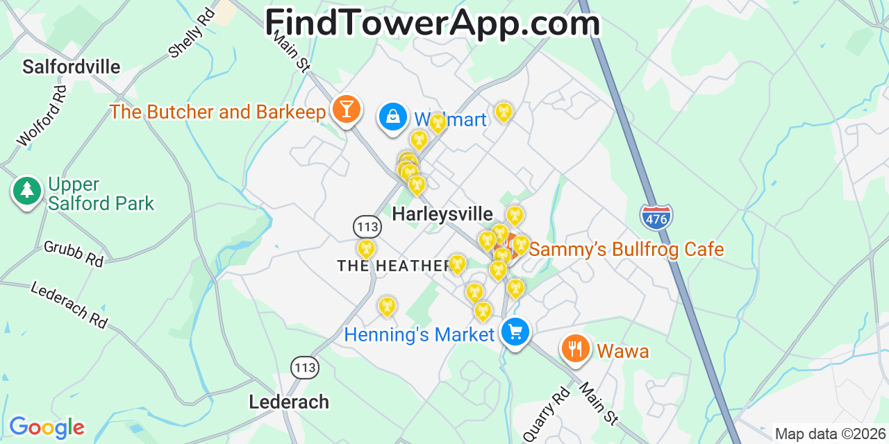 Map showing the 20 primary cell tower locations detected in Harleysville, Pennsylvania from AT&T, Verizon, and T-Mobile networks