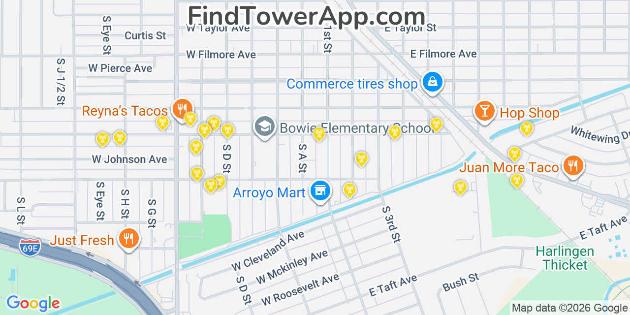 Map showing the 20 primary cell tower locations detected in Harlingen, Texas from AT&T, Verizon, and T-Mobile networks