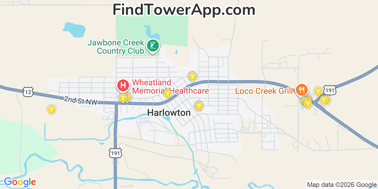 Map showing the 20 primary cell tower locations detected in Harlowton, Montana from AT&T, Verizon, and T-Mobile networks