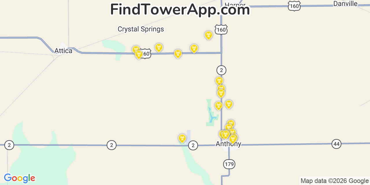 Map showing the 20 primary cell tower locations detected in Harper, Kansas from AT&T, Verizon, and T-Mobile networks