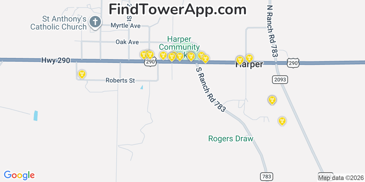 Map showing the 20 primary cell tower locations detected in Harper, Texas from AT&T, Verizon, and T-Mobile networks