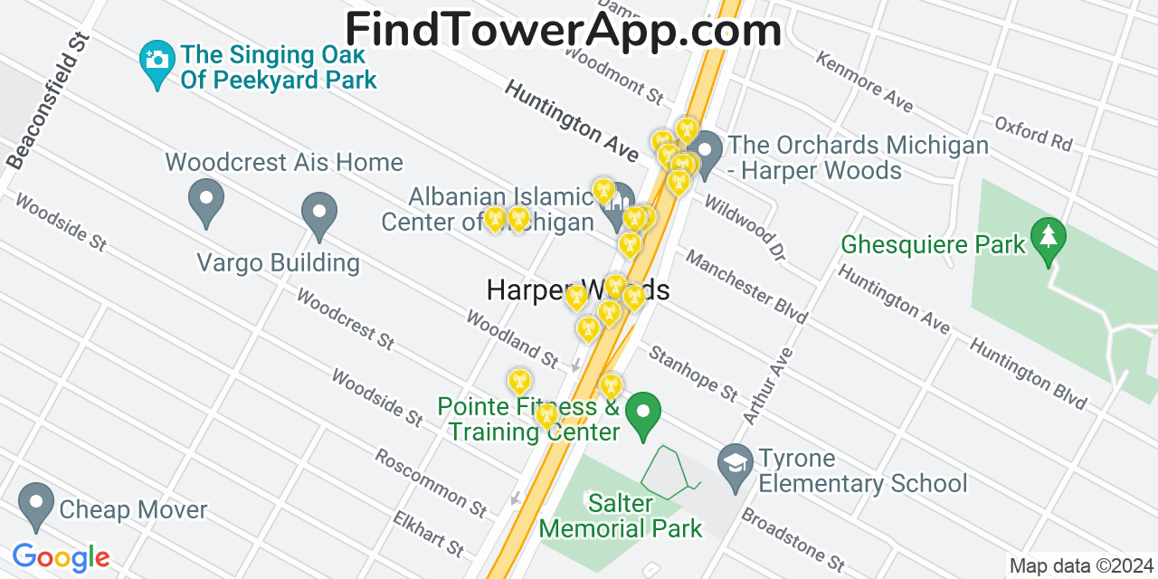 AT&T 4G/5G cell tower coverage map Harper Woods, Michigan