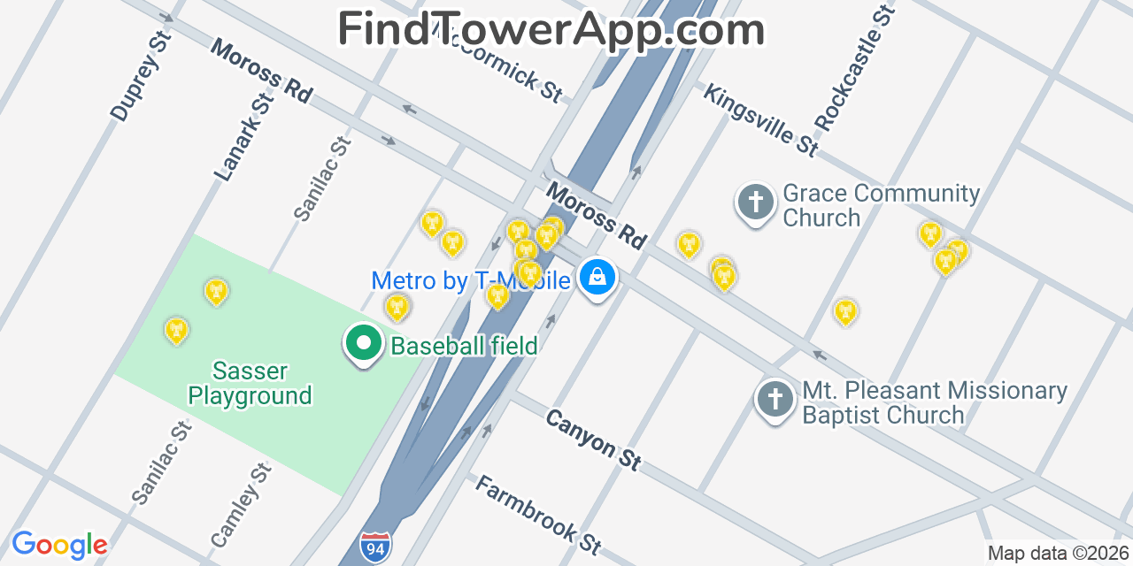 Map showing the 20 primary cell tower locations detected in Harper Woods, Michigan from AT&T, Verizon, and T-Mobile networks