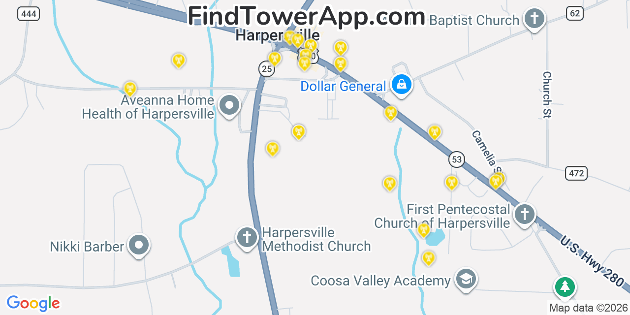 Map showing the 20 primary cell tower locations detected in Harpersville, Alabama from AT&T, Verizon, and T-Mobile networks