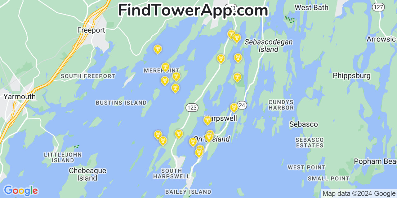 AT&T 4G/5G cell tower coverage map Harpswell Center, Maine