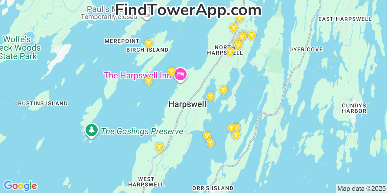 Map showing the 20 primary cell tower locations detected in Harpswell Center, Maine from AT&T, Verizon, and T-Mobile networks