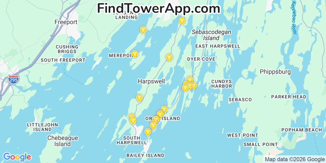 Map showing the 20 primary cell tower locations detected in Harpswell Center, Maine from AT&T, Verizon, and T-Mobile networks