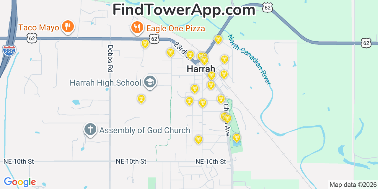 Map showing the 20 primary cell tower locations detected in Harrah, Oklahoma from AT&T, Verizon, and T-Mobile networks