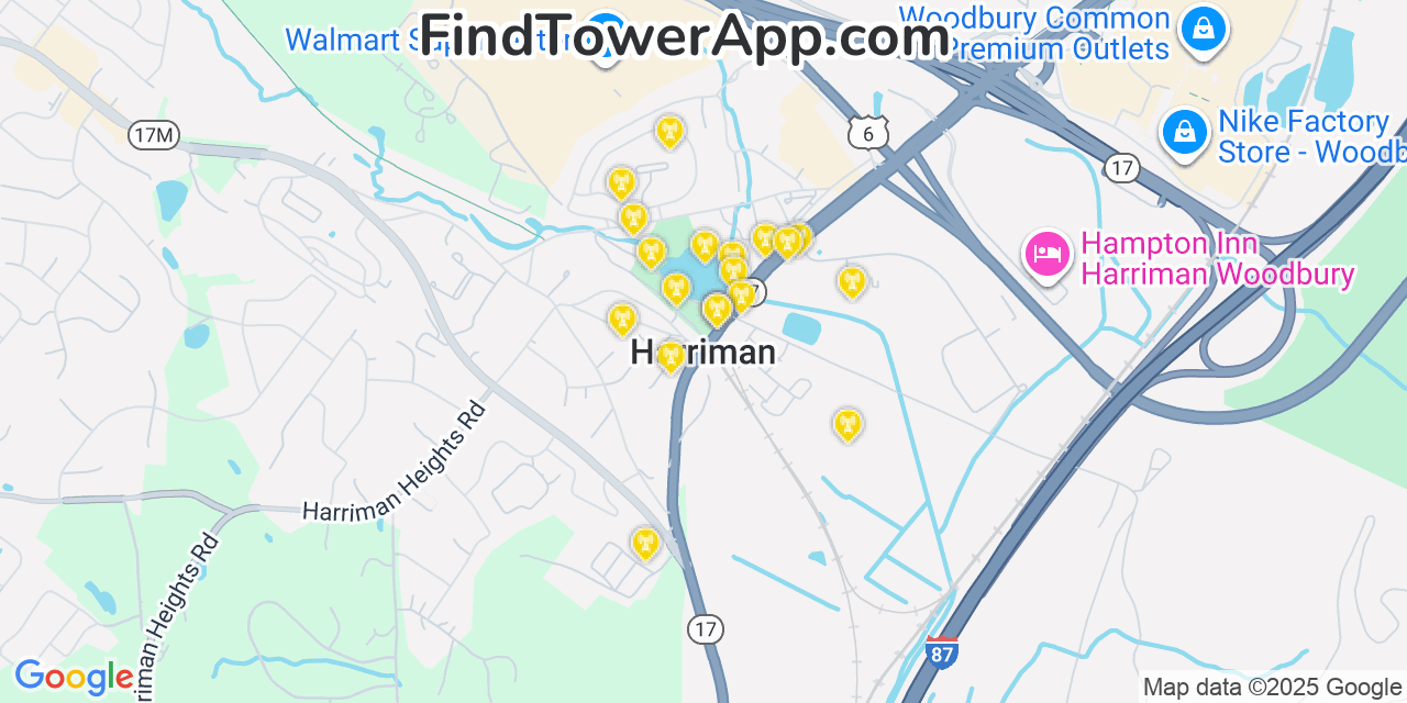 Map showing the 20 primary cell tower locations detected in Harriman, New York from AT&T, Verizon, and T-Mobile networks