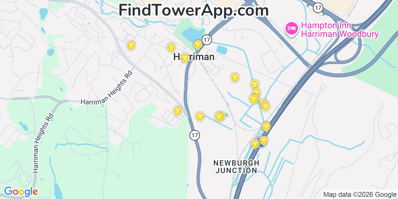 Map showing the 20 primary cell tower locations detected in Harriman, New York from AT&T, Verizon, and T-Mobile networks