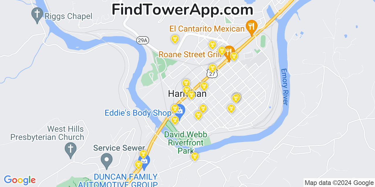 AT&T 4G/5G cell tower coverage map Harriman, Tennessee