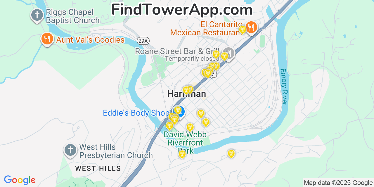 Map showing the 20 primary cell tower locations detected in Harriman, Tennessee from AT&T, Verizon, and T-Mobile networks