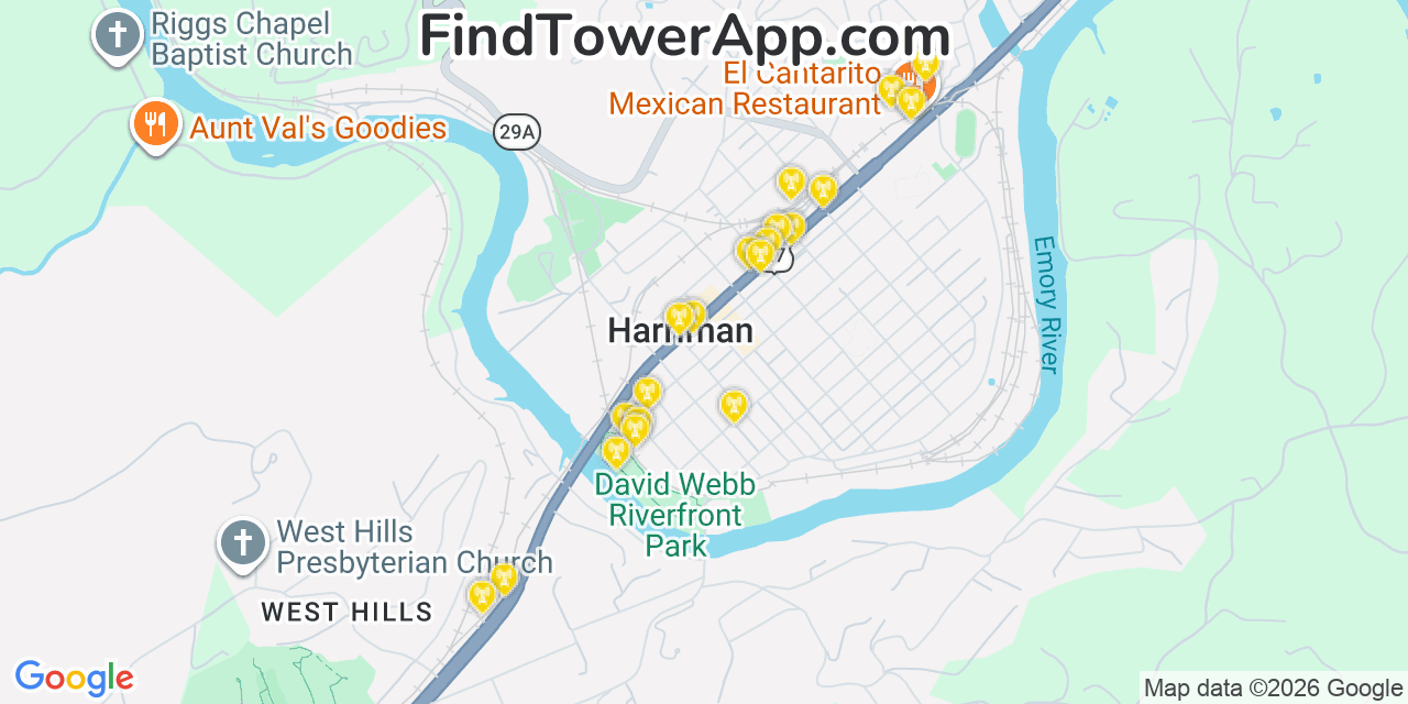 Map showing the 20 primary cell tower locations detected in Harriman, Tennessee from AT&T, Verizon, and T-Mobile networks