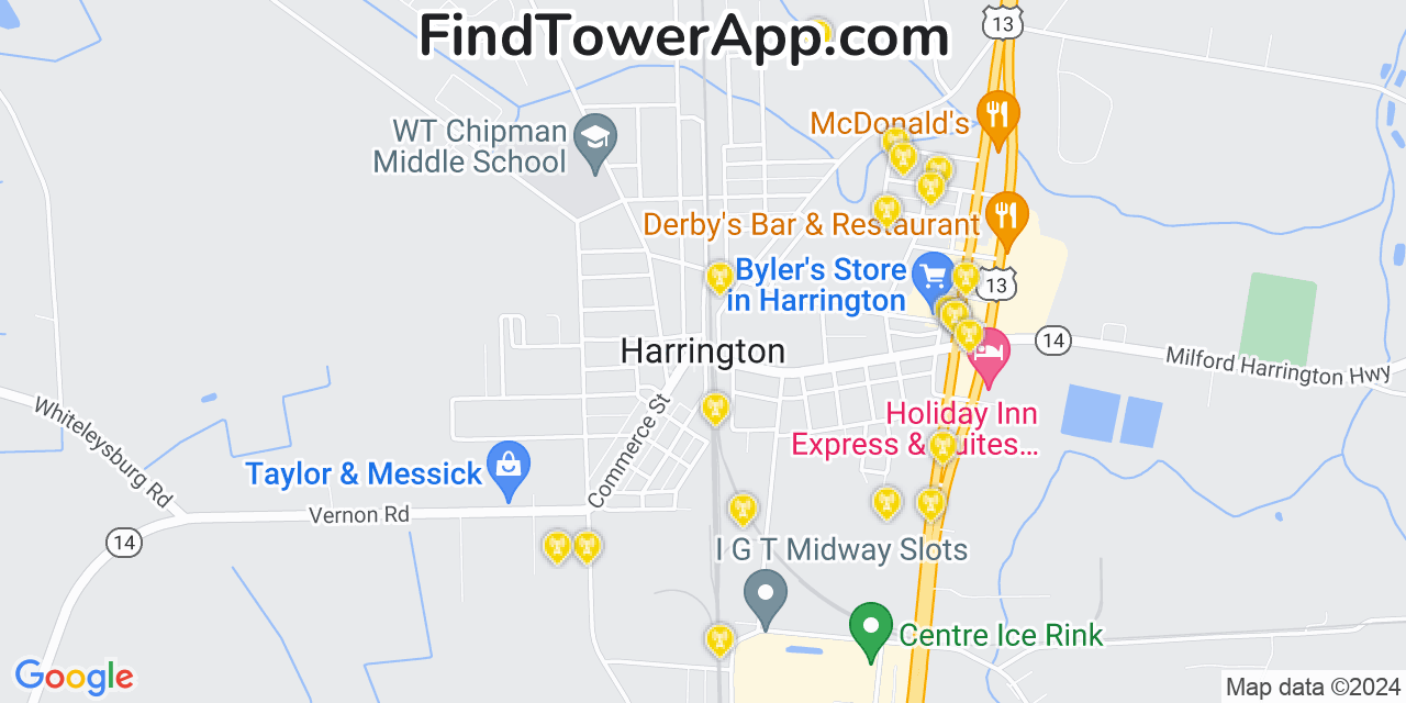 AT&T 4G/5G cell tower coverage map Harrington, Delaware