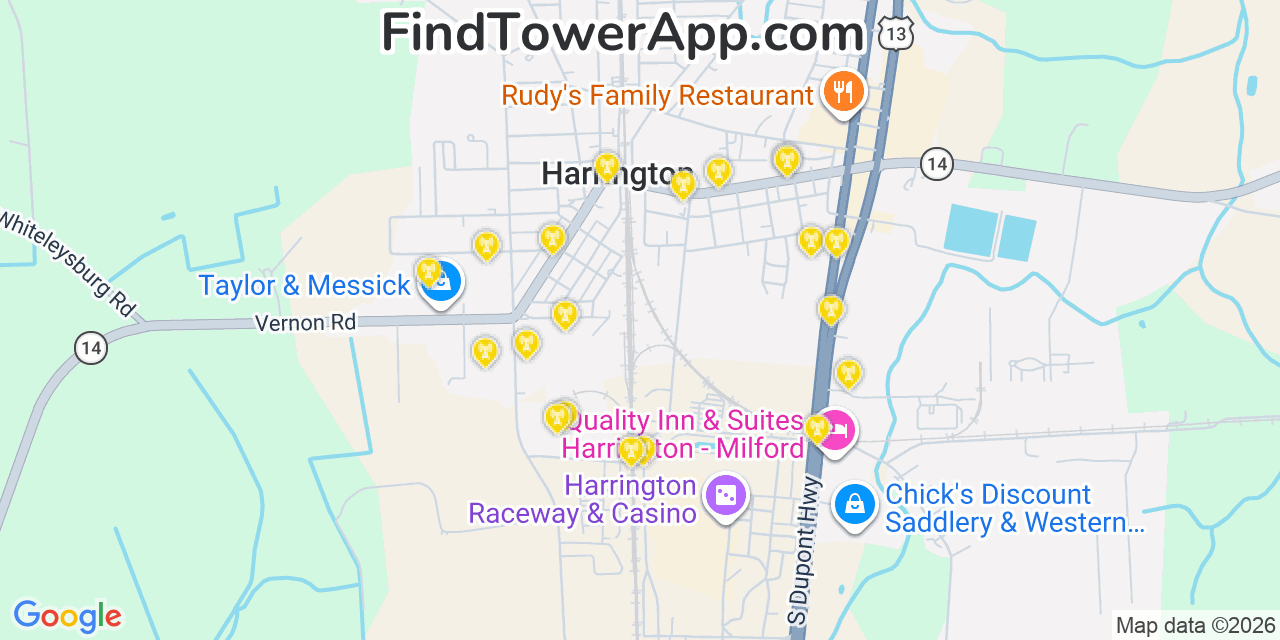 Map showing the 20 primary cell tower locations detected in Harrington, Delaware from AT&T, Verizon, and T-Mobile networks
