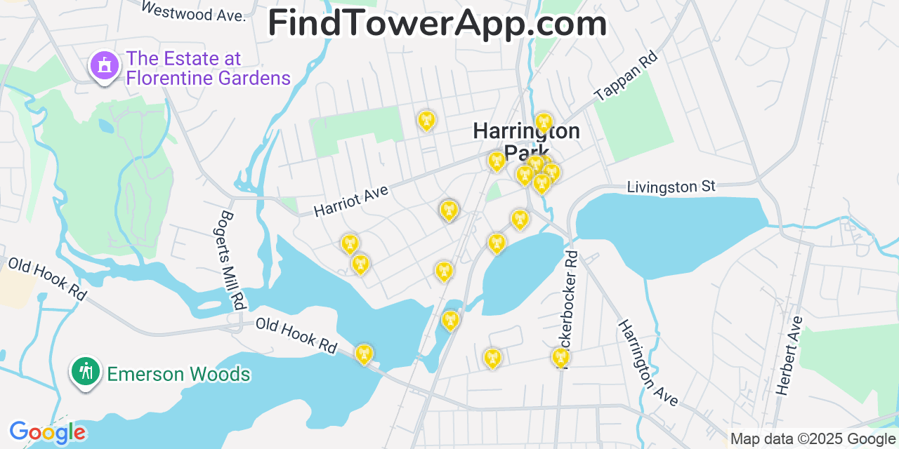 Map showing the 20 primary cell tower locations detected in Harrington Park, New Jersey from AT&T, Verizon, and T-Mobile networks