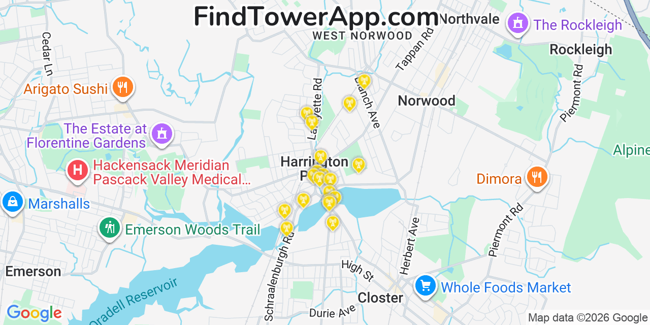 Map showing the 20 primary cell tower locations detected in Harrington Park, New Jersey from AT&T, Verizon, and T-Mobile networks