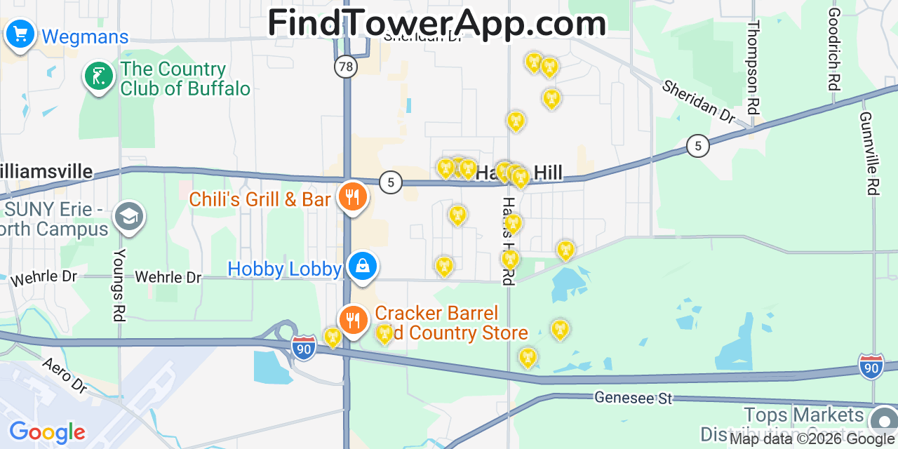 Map showing the 20 primary cell tower locations detected in Harris Hill, New York from AT&T, Verizon, and T-Mobile networks