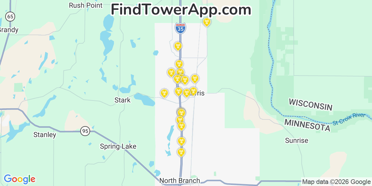 Map showing the 20 primary cell tower locations detected in Harris, Minnesota from AT&T, Verizon, and T-Mobile networks