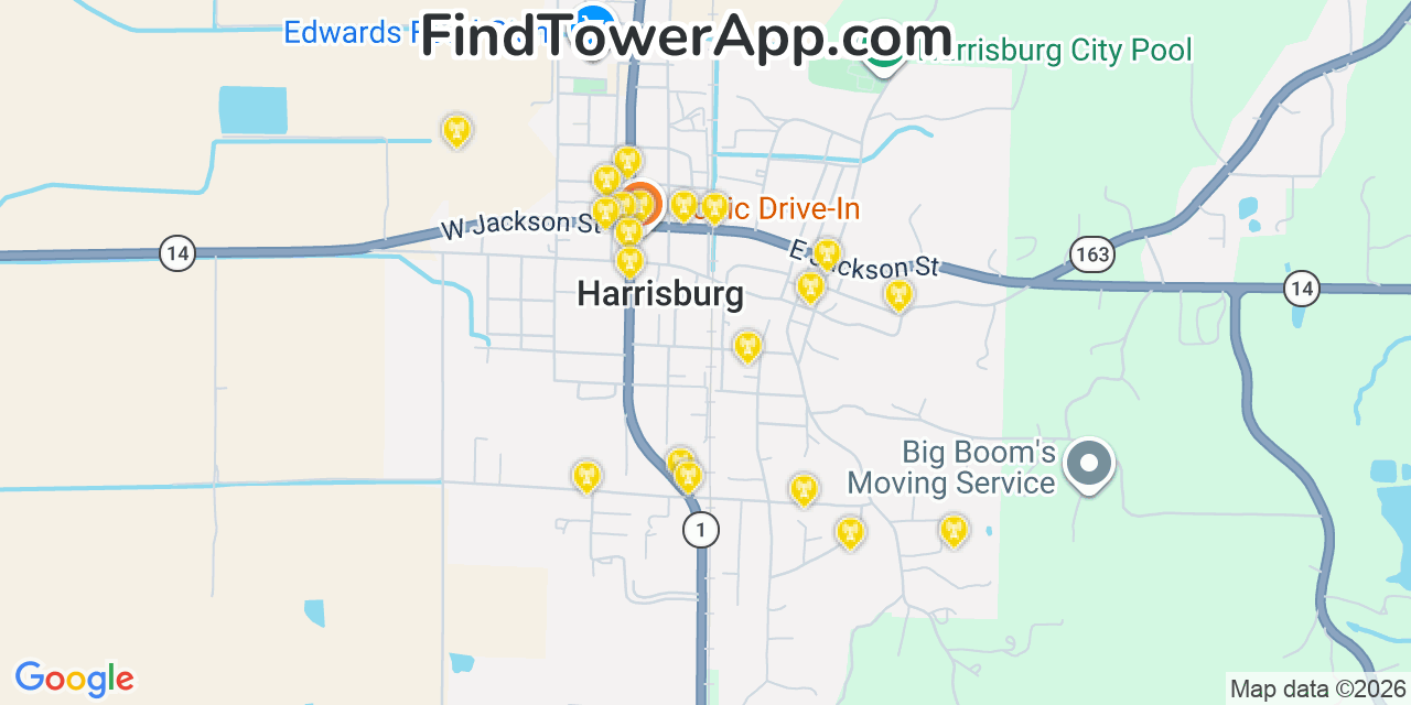 Map showing the 20 primary cell tower locations detected in Harrisburg, Arkansas from AT&T, Verizon, and T-Mobile networks