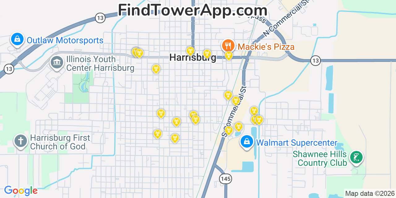 Map showing the 20 primary cell tower locations detected in Harrisburg, Illinois from AT&T, Verizon, and T-Mobile networks