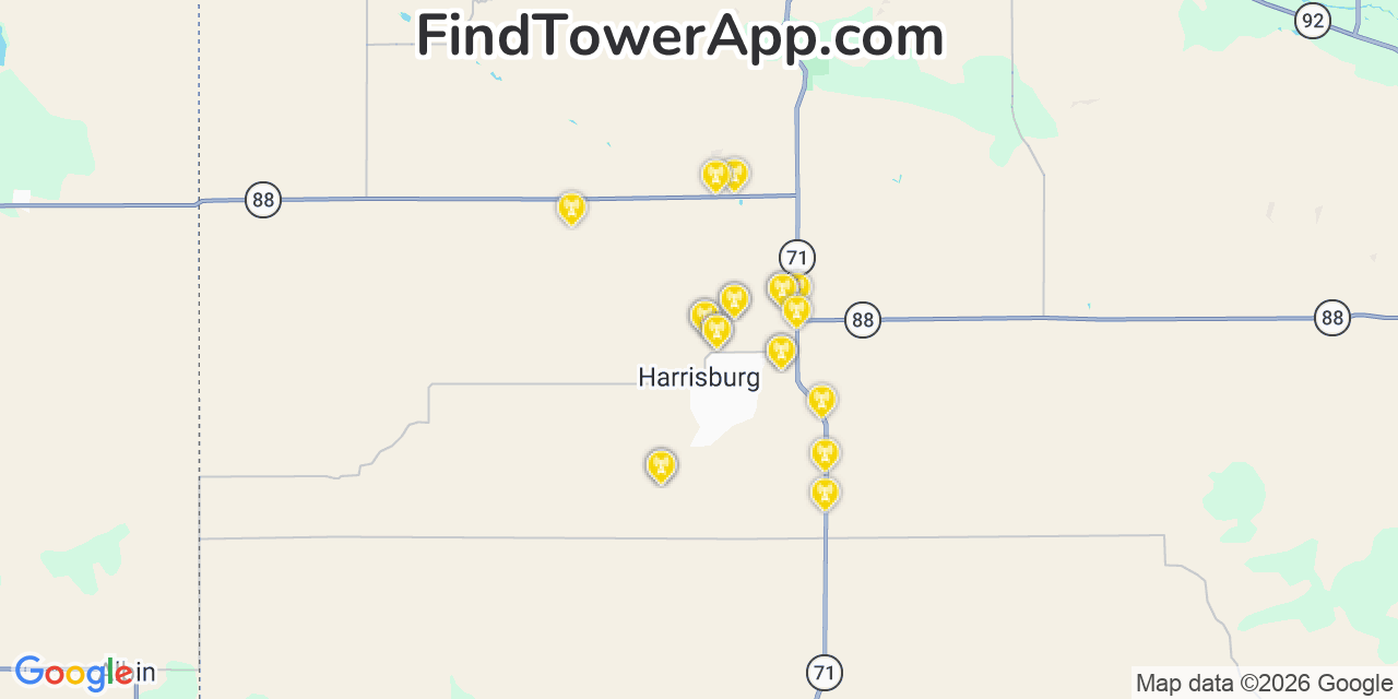 Map showing the 20 primary cell tower locations detected in Harrisburg, Nebraska from AT&T, Verizon, and T-Mobile networks
