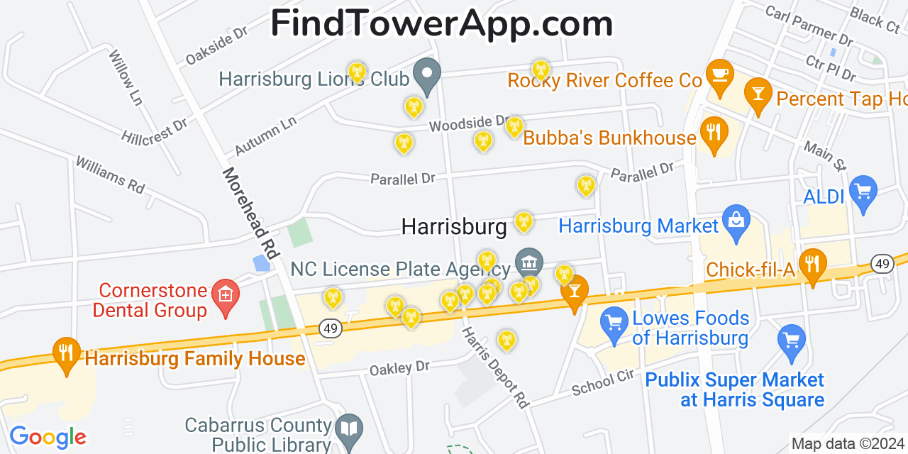 AT&T 4G/5G cell tower coverage map Harrisburg, North Carolina