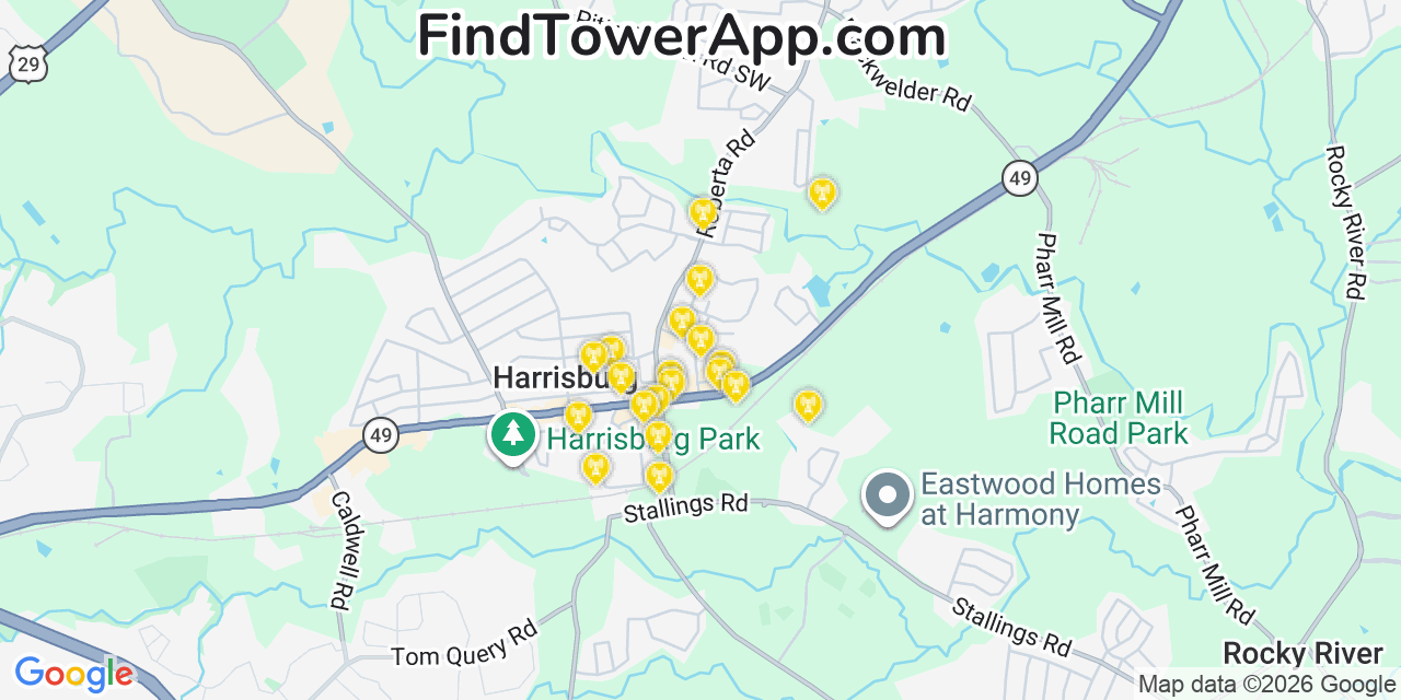 Map showing the 20 primary cell tower locations detected in Harrisburg, North Carolina from AT&T, Verizon, and T-Mobile networks