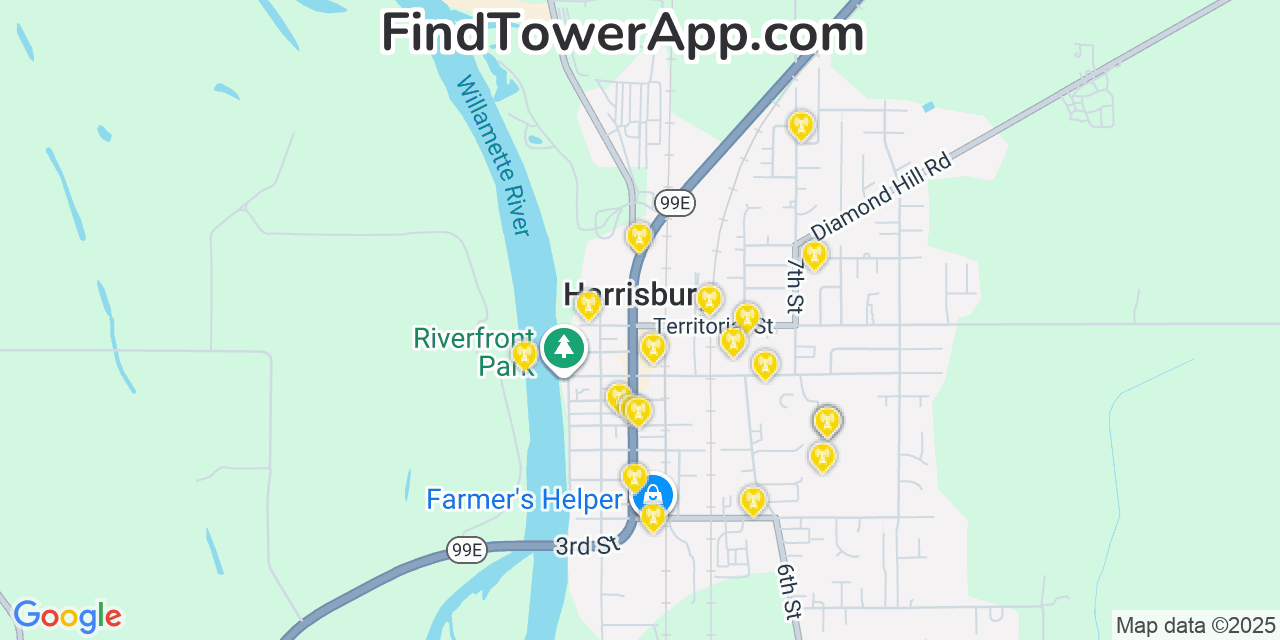 Map showing the 20 primary cell tower locations detected in Harrisburg, Oregon from AT&T, Verizon, and T-Mobile networks