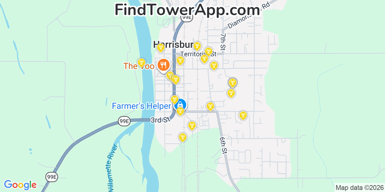 Map showing the 20 primary cell tower locations detected in Harrisburg, Oregon from AT&T, Verizon, and T-Mobile networks