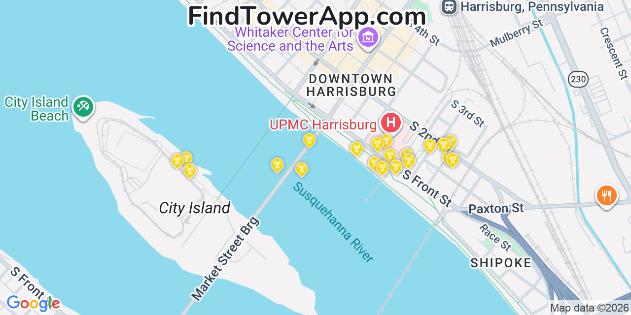 Map showing the 20 primary cell tower locations detected in Harrisburg, Pennsylvania from AT&T, Verizon, and T-Mobile networks
