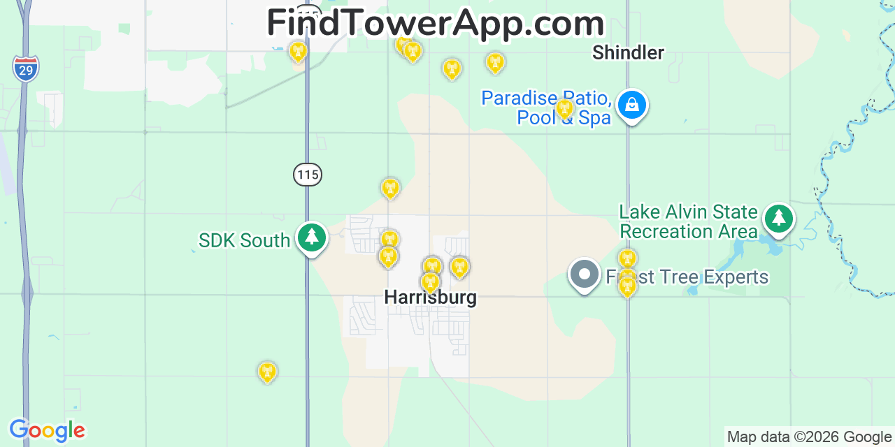 Map showing the 20 primary cell tower locations detected in Harrisburg, South Dakota from AT&T, Verizon, and T-Mobile networks