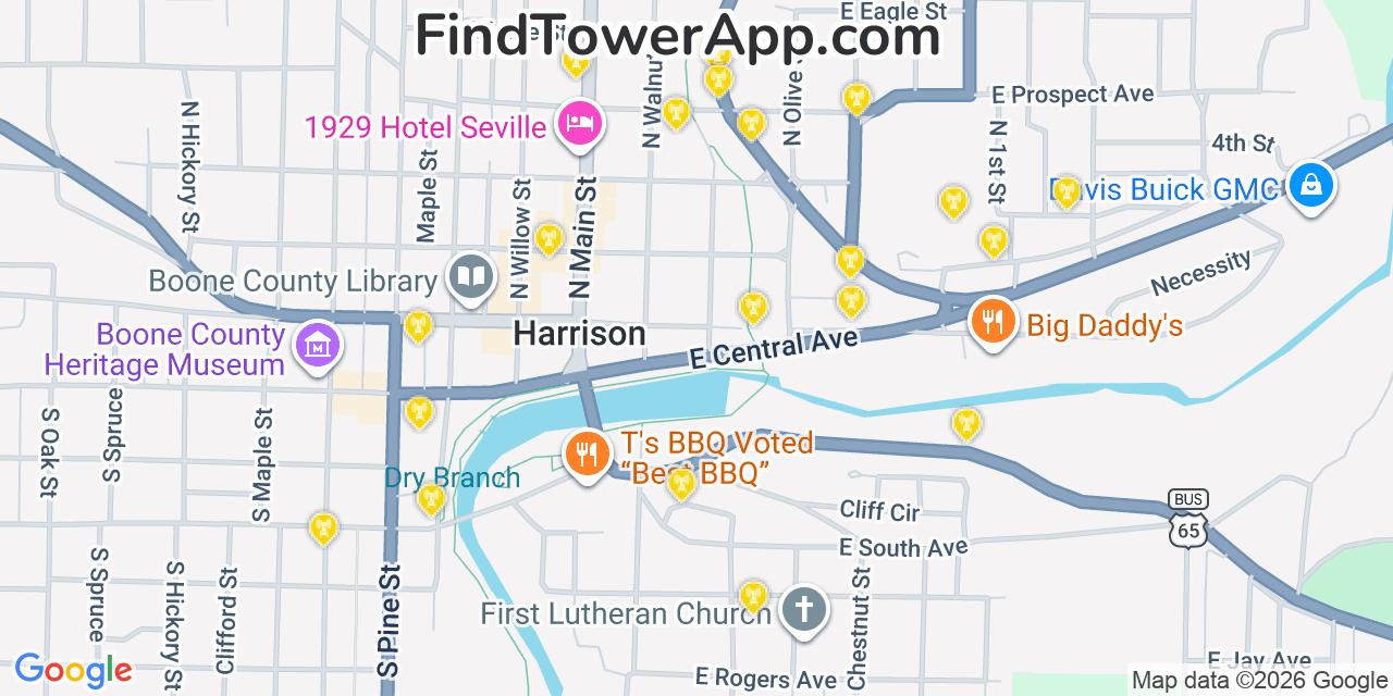 Map showing the 20 primary cell tower locations detected in Harrison, Arkansas from AT&T, Verizon, and T-Mobile networks